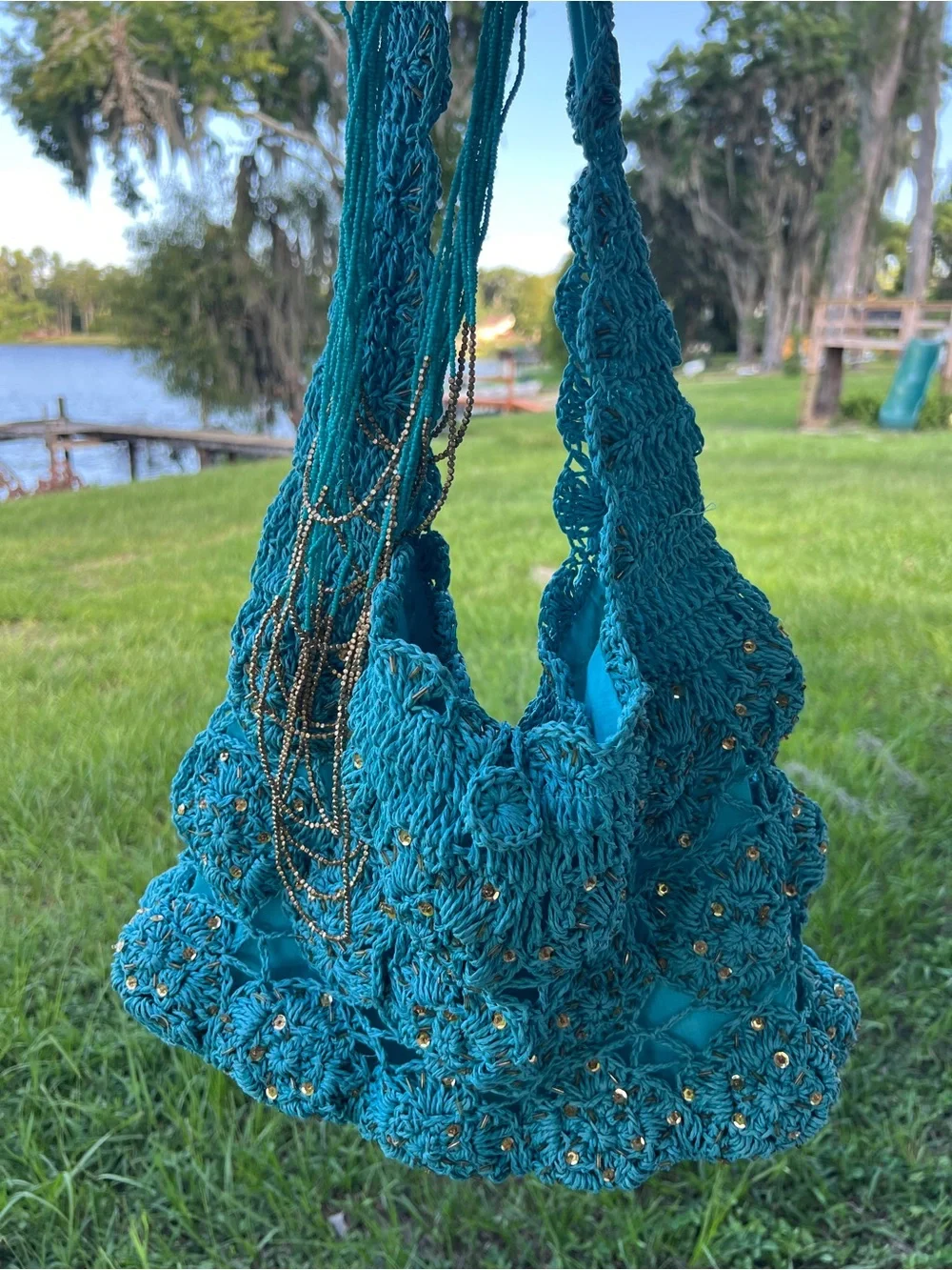 Turquoise and Gold Multi-Strand Statement Necklace - Picture 6 of 6